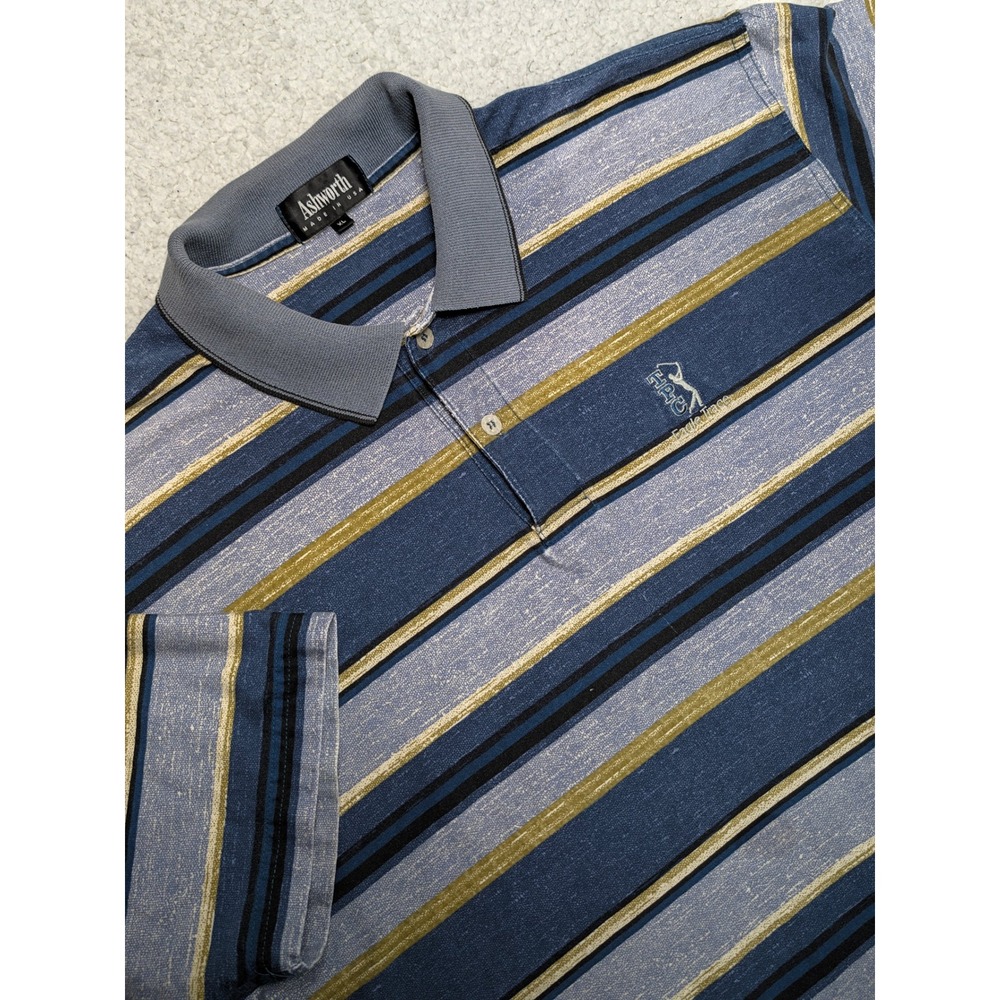 Vintage 90s Ashworth Mens XL TPC Eagle Trace Striped Cotton Polo Blue Yellow